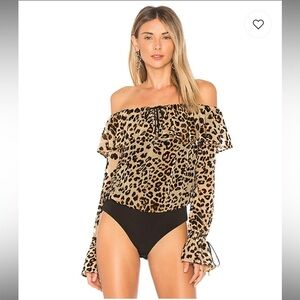 House of Harlow x Revolve Satin Leopard Print Off the Shoulder Bodysuit XS